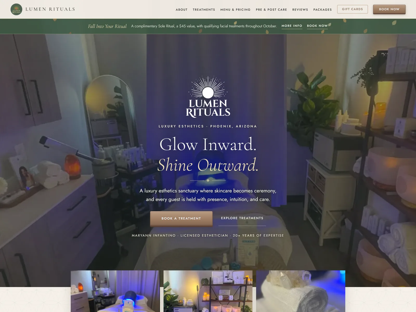 Lumen Rituals homepage: the studio sanctuary and treatment menu