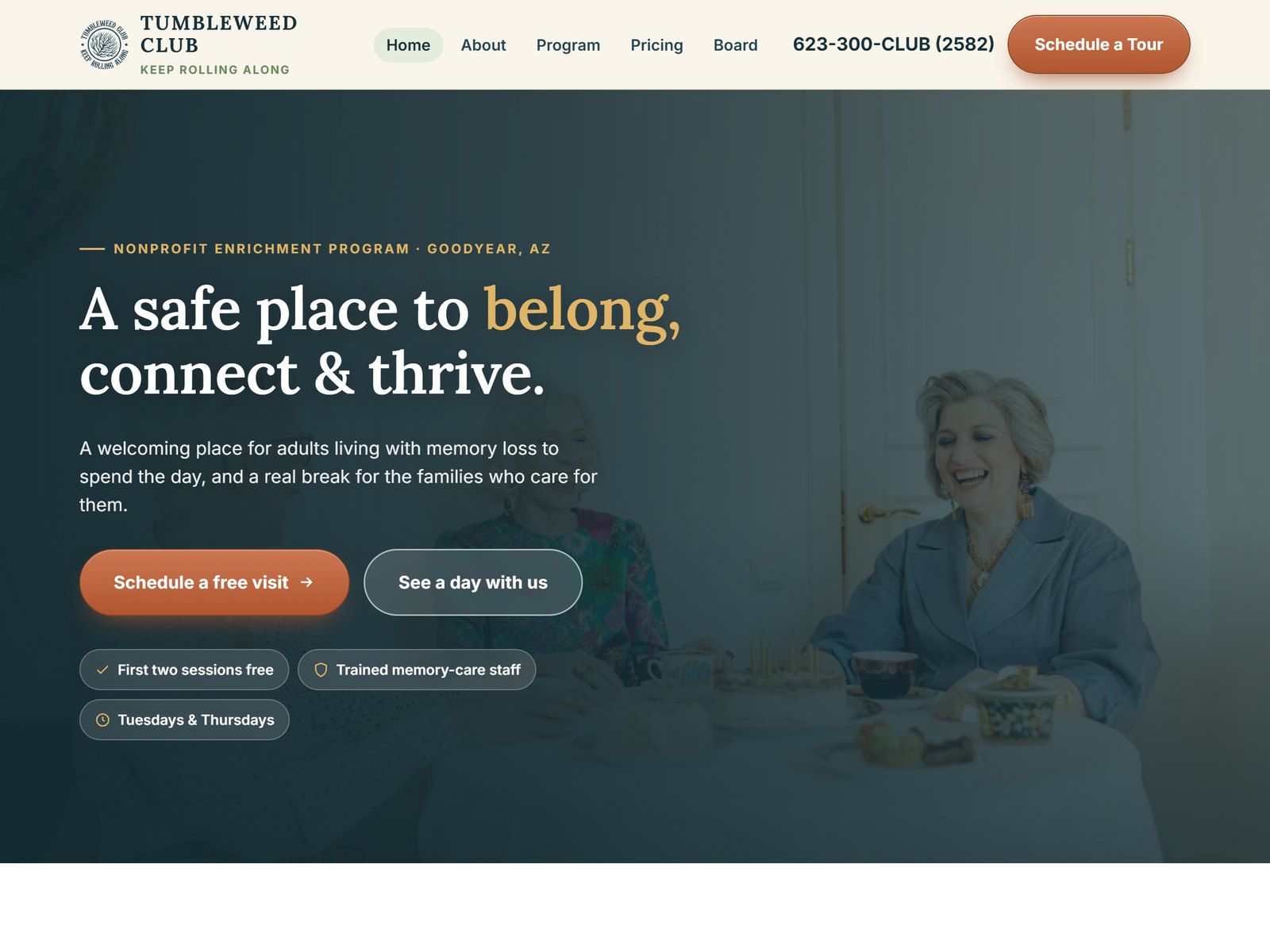 Tumbleweed Club homepage: a safe place to belong, connect and thrive